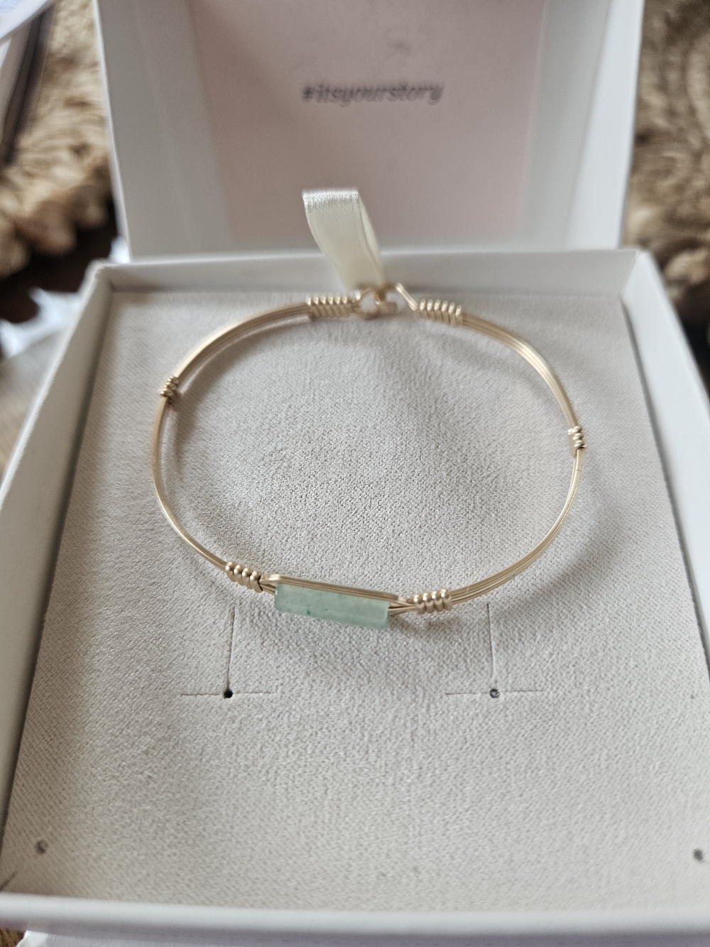 Gold Tone Bangle Bracelet with Light Green Stone